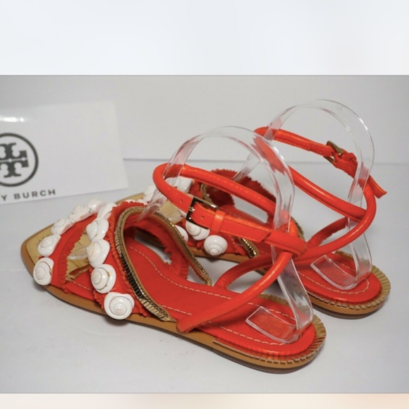 🆕TORY BURCH Ankle Wrap Flats Embellished Orange - Picture 4 of 8